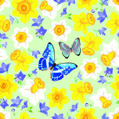 Seamless pattern with bellflowers, daffodils and butterflies on a pale green background