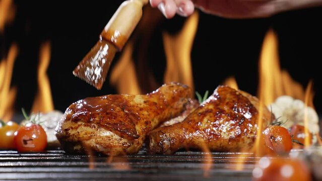 Chicken drumsticks or legs grilled on hot barbecue charcoal flaming grill with sauce brushed on top. Juicy chicken meat roasted on bbq grill. slow motion