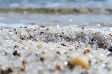 Close up of salt background. Natural salt. Dead Sea salt mineral natural formations. Salt crystals from Dead sea. View of Dead Sea coastline. Texture of Dead sea. Salty seashore rocks