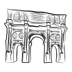 Hand-drawn rough black and white sketch of Triumphal Arch of Constantine in Rome, Italy. Vector line illustration of the Italian landmark
