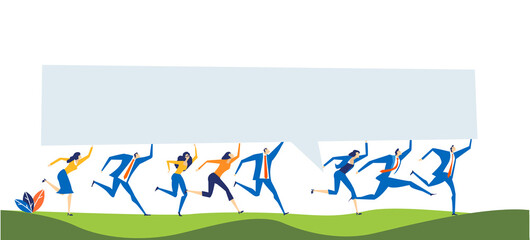Lots of business people running with the big banner with space for your text