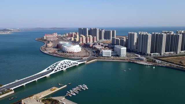 Aerial photography of the Coral Shell Bridge on the west coast of Qingdao