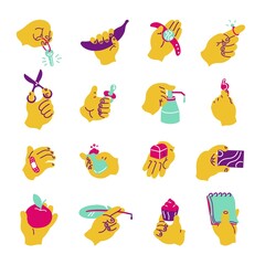 Hands with objects. minimalistic hands with stationery supplies and smart devices, graphic design collection with cartoon hands. Vector set