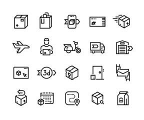 Delivery line icons. Outline cargo shipping, package tracking storing and transportation pictograms. Vector editable line stroke set