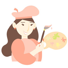 Vector illustration of a young brunette woman with a brush and a palette of paints. An artist in a pink beret. 