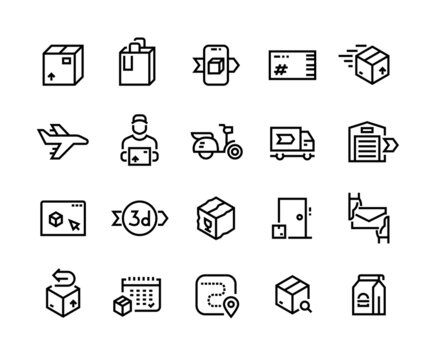 Delivery line icons. Outline cargo shipping, package tracking storing and transportation pictograms. Vector editable line stroke set
