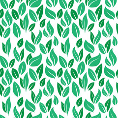 Green leaves pattern. Seamless print with flying cartoon peppermint and tea leaves, floral minimal nature background. Vector organic texture