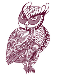 Ornated Owl Vector illustration in zentangle style. Hand drawn Design elements. Trendy coloring book for children and adults. Animals print page t-shirt cup black and white. Indian bright pattern