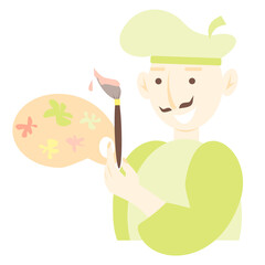 Vector illustration of a young guy in a green beret with a brush and a palette of paints in his hands. Mustache artist. Isolated