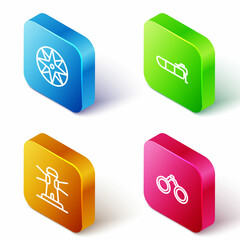 Set Isometric line Wind rose, Inflatable boat with motor, Lighthouse and Binoculars icon. Vector