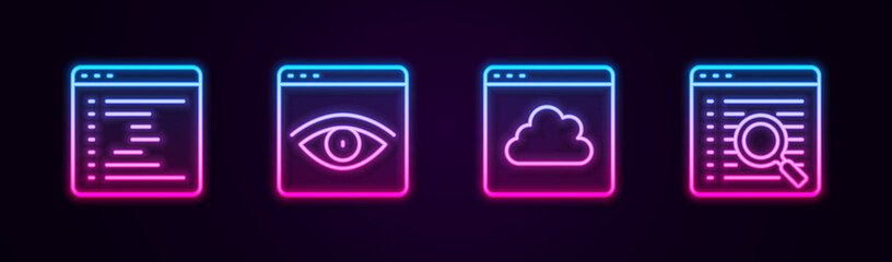 Set line Browser window, incognito, Cloud technology data transfer and Search engine. Glowing neon icon. Vector