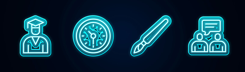 Set line Graduate and graduation cap, Clock, Paint brush and Two sitting men talking. Glowing neon icon. Vector