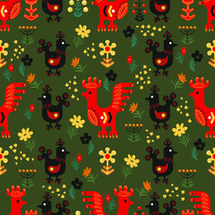 Seamless pattern with stylized red roosters and elements of flora and fauna on a dark green background