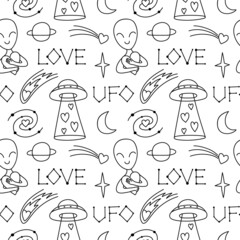 Seamless doodle pattern with loving aliens, UFOs, space. Background with contour drawings of planets, stars, flying saucer, heart, love, comet, humanoid