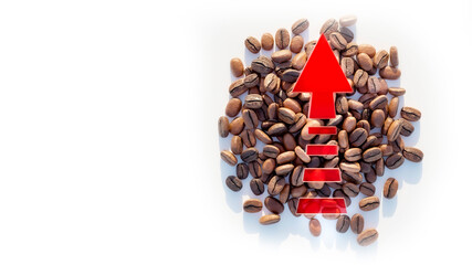 Value of coffee in the markets, cost of production and inflation causing higher prices for coffee. Price of coffee going up with the white isolated background, copy text. 3D rendering
