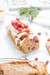 Delicious Raspberry loaf cake or loaf bread with lemon glaze.