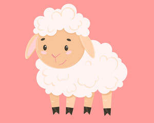 Cute vector sheep with a blush, in a flat style, isolated on a white background. Cartoon drawing of a sheep. Design for kid, children's poster, children's wall painting, postcard, invitation