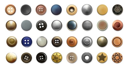 Realistic cloth buttons. Metal antique bronze or silver sewing rivets and denim clothing vintage accessories. Top view of various garment retro fasteners. Vector textile decorations set - obrazy, fototapety, plakaty