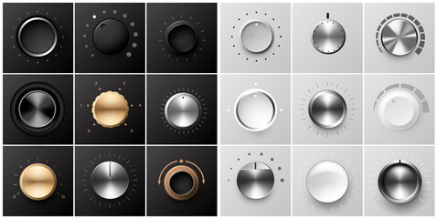 Knob round dial. Realistic metal and plastic radio switch. Max level button and power regulator. Stereo music and sound tuner collection. Vector white or black dashboard elements set