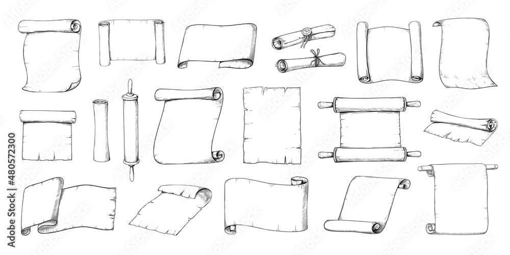 Poster scroll paper sketch. ancient parchment roll and medieval epistle letters. hand drawn antique manuscr