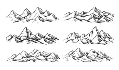 Fototapeta premium Hand drawn mountains. Landscape pencil sketch. Rocky nature outline view. Hiking tourism and climbing summits. Scenic high peaks. Highlands scenery. Vector cliff range panoramas set