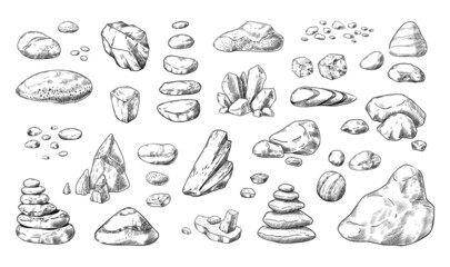 Hand drawn rocks. Gravel stones and boulders sketch. Vintage outline minerals. Pebble piles. Heavy cobblestones and granite rubble. Vector black and white doodle nature elements set © SpicyTruffel