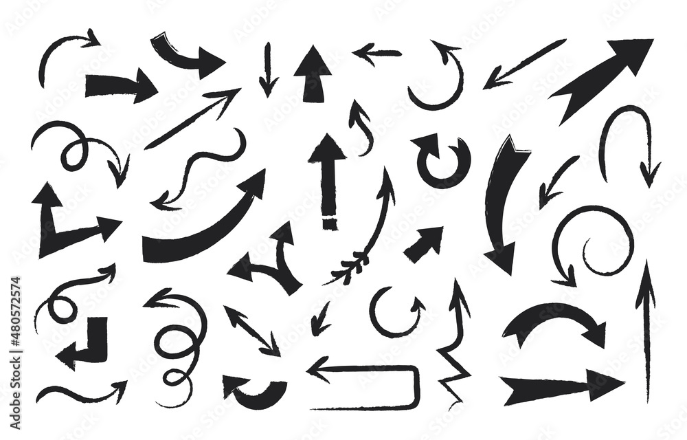 Poster Grunge arrows. Hand drawn direction pointers. Handmade paintbrush stroke. Vintage scribble forms. Up and down signs. Curve shapes. Way pointing. Black brushstrokes. Vector cursors set
