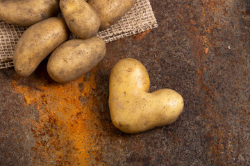 Herzkartoffel, eine Laune der Natur, mit normalen Kartoffeln auf einem Rupfenbeutel