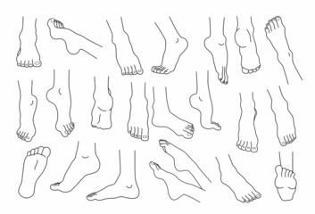 Line feet. Woman ankles and legs with heels and fingers. Beauty or medicine human body infographic elements. Spa skin care and pedicure. Naked foot soles. Vector barefoot sketches set