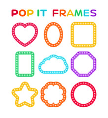 Pop It Frames. Blank for Childrens Holiday and Photo. Funny Bright Rainbow Templates for Birthday and Invitations. Flat Cartoon Fashion style. White background. Vector illustration for Kindergarten.