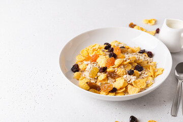 Healthy breakfast, diet culture. Fresh granola, muesli with raisins. Copy space