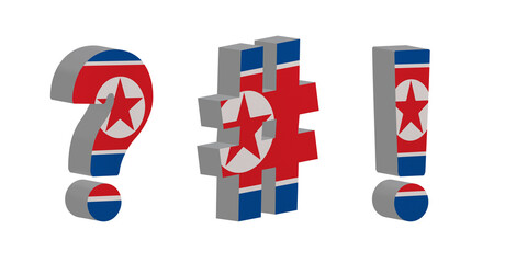 World countries. 3D Question- mark, exclamation- mark and hashtag in colors of national flag. News clip art set on white background. Korea North