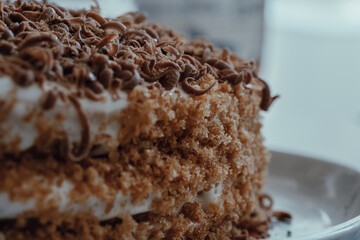 chocolate chip cake on a plate shot close up