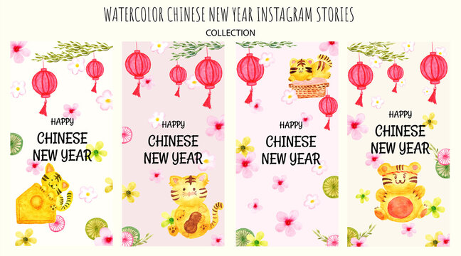 hand drawn set of chinese new year instagram stories