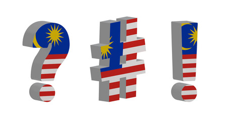 World countries. 3D Question- mark, exclamation- mark and hashtag in colors of national flag. News clip art set on white background. Malaysia