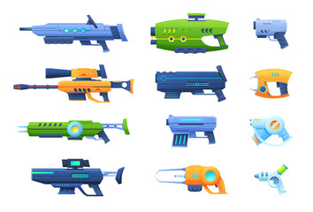 Gaming futuristic weapon set vector flat illustration. Game blasters space aliens laser guns