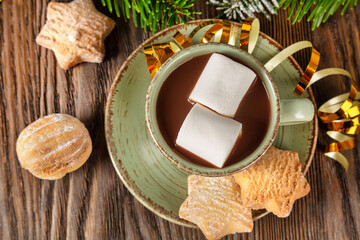 Top view of cocoa drink and sweet cookies