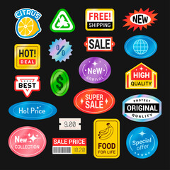 Shopping retro stickers decorative design set vector flat illustration. Sale discount label badges