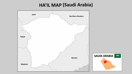 Ha'il Map. Political map of Ha'il. Ha'il Map of Saudi Arabia with neighboring countries and borders.