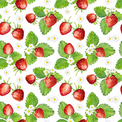 Seamless pattern with watercolor strawberry isolated on white background. Hand drawn watercolor illustration.