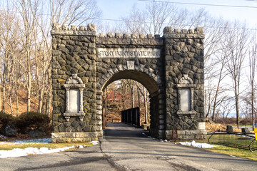 Fototapeta na wymiar Stony Point, NY - USA - Jan 14, 2022: Landscape view of the Stone Gate entrance to the Stony Point Battlefield State Historic Site