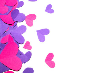 Pink and Purple Paper Love Hearts Cut Out on White Background for Valentines Day or Weddings