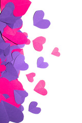 Pink and Purple Paper Love Hearts Cut Out on White Background for Valentines Day or Weddings