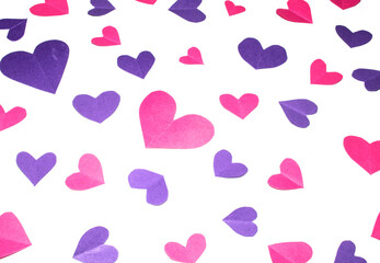 Pink and Purple Paper Love Hearts Cut Out on White Background for Valentines Day or Weddings