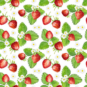 Seamless pattern with watercolor strawberry isolated on white background. Hand drawn watercolor illustration.