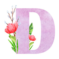 Watercolor composition from the letter D with floral elements tulips and twigs for the design and decoration of texts, congratulations, scrapbooking, invitations