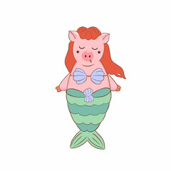llustration of cartoon pig mermaid. Hand drawn cute pig with mermaid tail. Isolated objects on a white background. The concept of children's print.