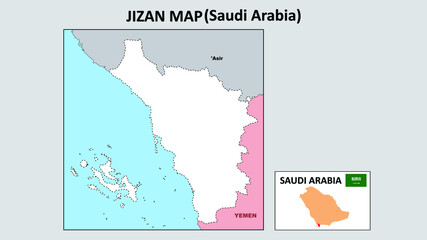 Jizan Map. Political map of Jizan. Jizan Map of Saudi Arabia with neighboring countries and borders.