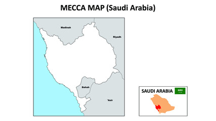 Mecca Map. Political map of Mecca. Mecca Map of Saudi Arabia with neighboring countries and borders.