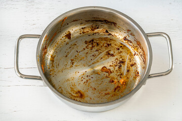 dirty saucepan with burnt food leftovers